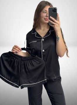 Фото Жіночий шовковий набір трійка з коротким рукавом V.Velika Шорти,Сорочка та Штани Чорний бк 174/24чбк