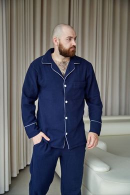 Фото Мужская пижама с Муслина с кантом на пуговицах Штани + Кофта Синяя 405