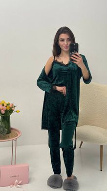 Фото Жіночий набір-четвірка Халат + Штани + Шорти + Майка Мармуровий Велюр Смарагд 023/21