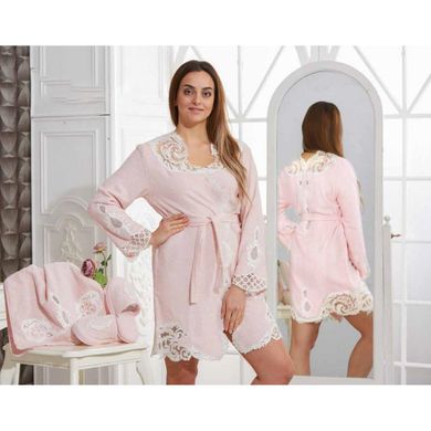 Фото Набор женский махровый халат + тапочки и полотенце Angel Arya 100% Хлопок Розовый