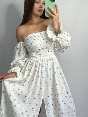 Фото Женское муслиновое платье миди молочное в одуванчики