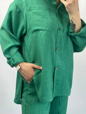 Фото Женский льняной костюм-двойка Брюки + Рубашка Зеленый