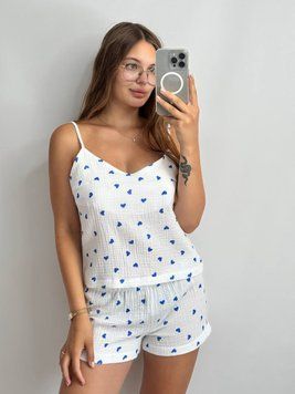 Фото Женская муслиновая пижама Шорты и Топ-майка Синее Сердечка