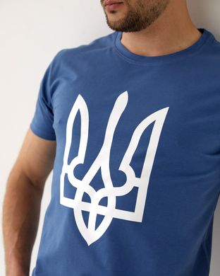 Фото Чоловіча патріотична футболка 100% Бавовна з гербом України Блакитна 082\22 джинс