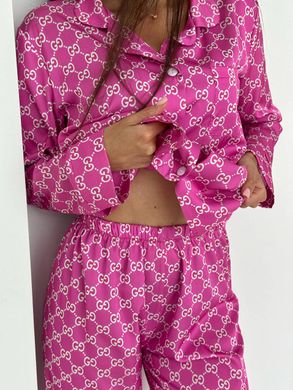 Фото Жіночий домашній костюм Сатиновий Штани + Сорочка Абстракція Малина 142/23 Gucci малина