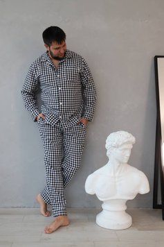 Фото Чоловіча бавовняна піжама V.Velika на гудзиках Штани + Кофта Клітинка Чорно-Біла 037-37-11 Маленька клітинка 037-37-11