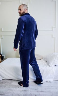 Фото Чоловіча Велюрова піжама на гудзиках Штани + Кофта Синя 406