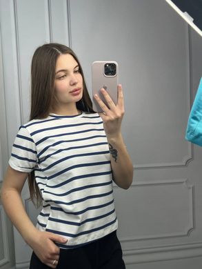 Фото Базовая женская футболка в полоску 100% Хлопок Синяя