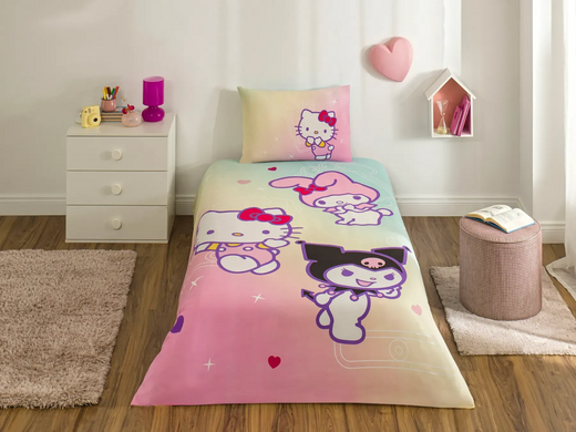 Фото Підліткова постільна білизна TAC Disney 100% Бавовна Ранфорс Hello Kitty Friends Простирадло на гумці по периметру