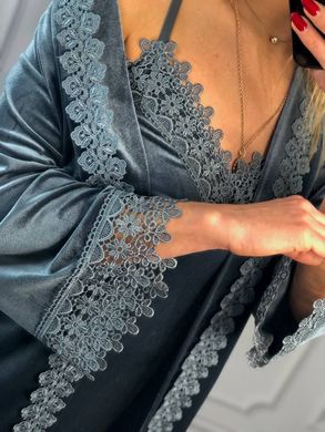 Фото Женский набор-двойка с кружевом Халат + Рубашка Королевский Бархат Серо-голубой