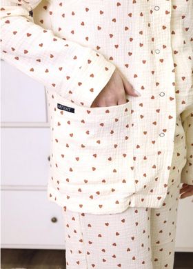 Фото Жіноча муслінова піжама Штани + Рубашка Маленькі Червоні Сердечка Крем