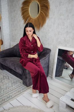 Фото Жіночий домашній костюм Велюр в рубчик Штани + Кофта на гудзиках Марсал 907