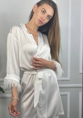 Фото Женский Шелковый халат с перьями Айвори
