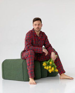 Фото Чоловіча бавовняна піжама V.Velika на гудзиках Штани + Кофта Клітинка Червона з Жовтим 037-50-11 червоний з жовтим 037-50-11