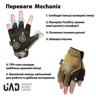 Фото Тактические короткопалые перчатки UAD M-PACT Mechanix Койот открытые без пальцев