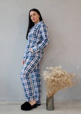 Фото Жіночий домашній костюм 100% Бавовна Штани + Сорочка Блакитний Біло-синій