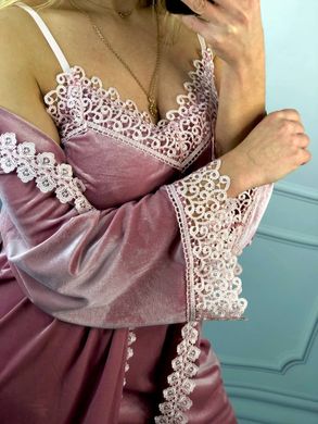 Фото Женский набор-двойка с кружевом Халат + Рубашка Королевский Бархат Розовая Пудра