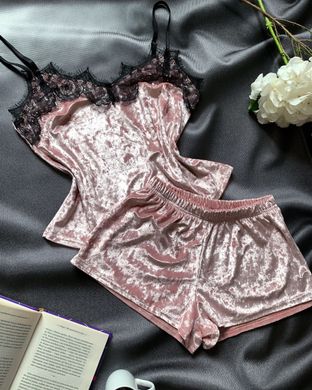 Фото Женская пижама велюровая с кружевом Шорты + Майка Розовая