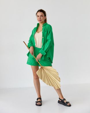 Фото Женский льняной костюм Шорты + Рубашка Зеленый