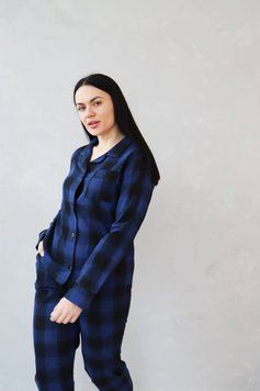 Фото Жіночий домашній костюм-піжама 100% Бавовна Штани + Сорочка Синій з Чорним 030-17 Синій з чорним 030-17