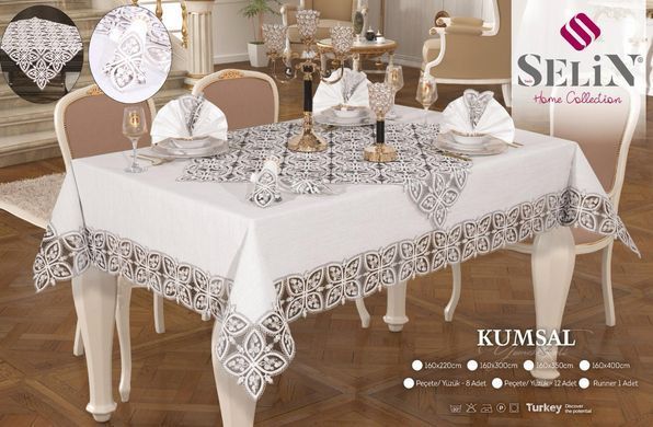 Фото Скатерть Льняная с ранером Selin Kumsal Set Кремовая +12 Салфеток