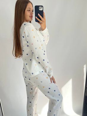 Фото Женская муслиновая пижама Брюки + Рубашка Синие Сердечки
