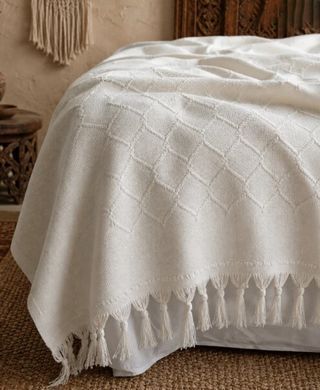 Фото Хлопковый плед-покрывало с бахромой Diamonds Ivory
