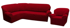 Фото Жаккардовый чехол для углового дивана + кресло Без Юбки Вензель Бордовый