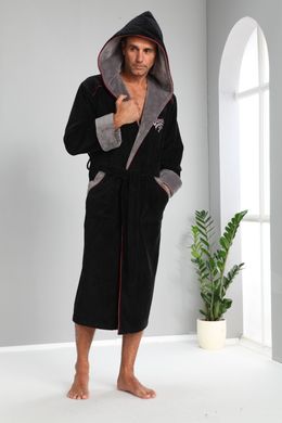 Фото Длинный мужской махровый халат с капюшоном Nusa Велюр/Махра Черный