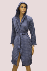 Фото Махровый халат-кимоно в полоску Sikel 100% Хлопок Lacivert Синий