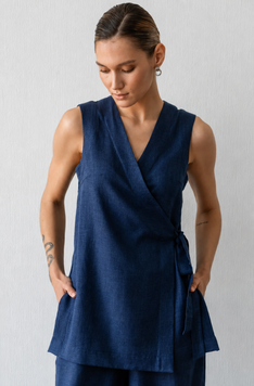 Фото Подовжений топ лляний на запах Denim Синій  LN0093-13-70
