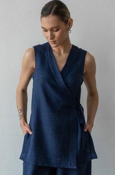 Фото Удлиненный топ льняной на запах Denim Синий