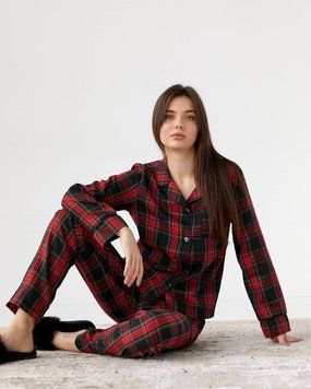 Фото Жіночий домашній костюм-піжама 100% Бавовна Штани + Сорочка Червоний з Чорним 030-51-11 червоно-чорна В/К чк 030-51-11