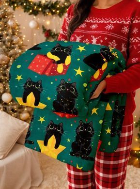 Фото Новогодний плед Wellsoft флисовый Love You Christmas Black Cat