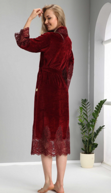 Фото Женский велюровый халат с кружевной отделкой Nusa 0383 Bordo