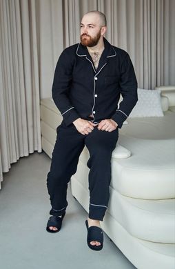 Фото Чоловіча піжама з Мусліну з кантом на гудзиках Штани + Кофта Чорна 405