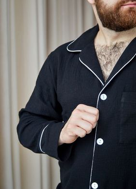 Фото Мужская пижама с Муслина с кантом на пуговицах Штани + Кофта Чёрная 405