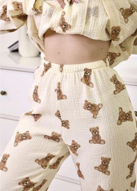 Фото Женская муслиновая пижама Брюки + Сорочка Мишки Тедди Крем