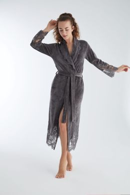 Фото Жіночий велюровий халат з мереживною обробкою Nusa 0383 Anthracite Сірий
