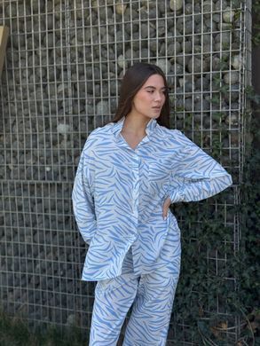 Фото Жіночий лляний костюм-двійка Штани + Сорочка Смужка Блакитна блакитна в принт 180/24 180/24бл